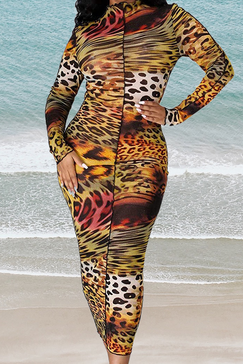 Leopard Print Casual Print Patchwork Pencil Skirt Dresses | EGEMISS