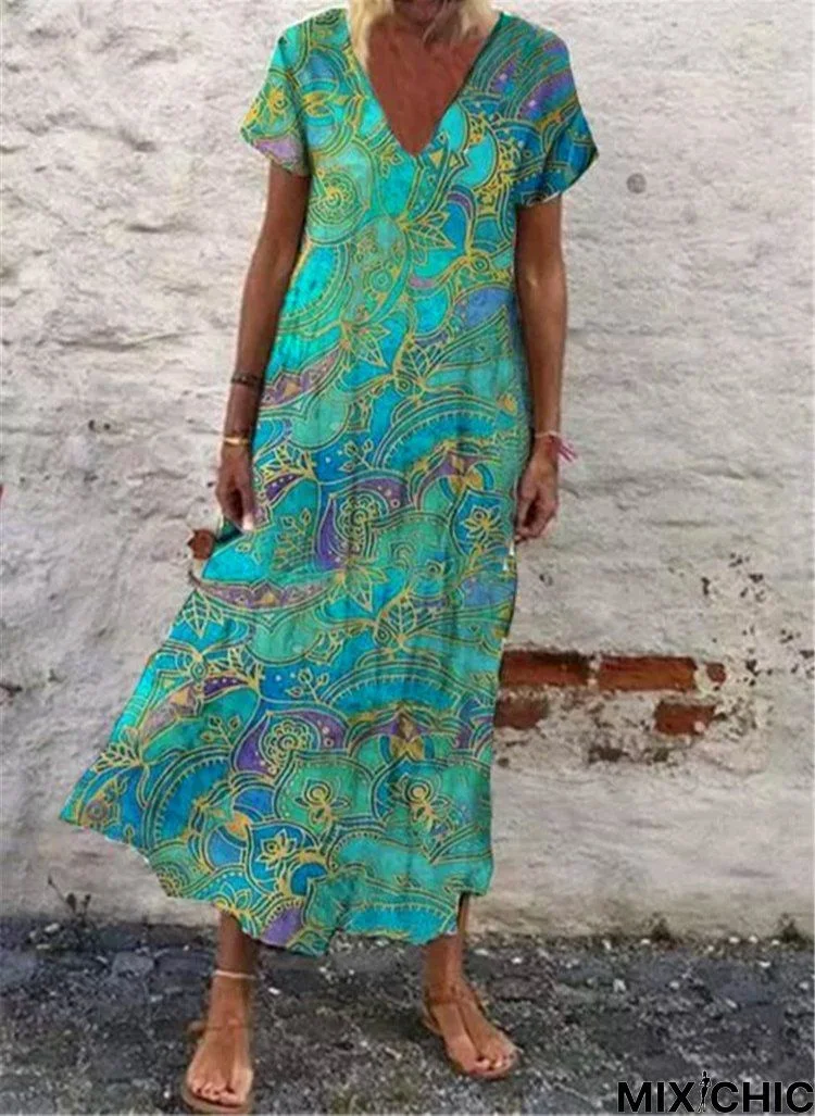 V Neck Paneled Short Sleeve Holiday Weaving Dress