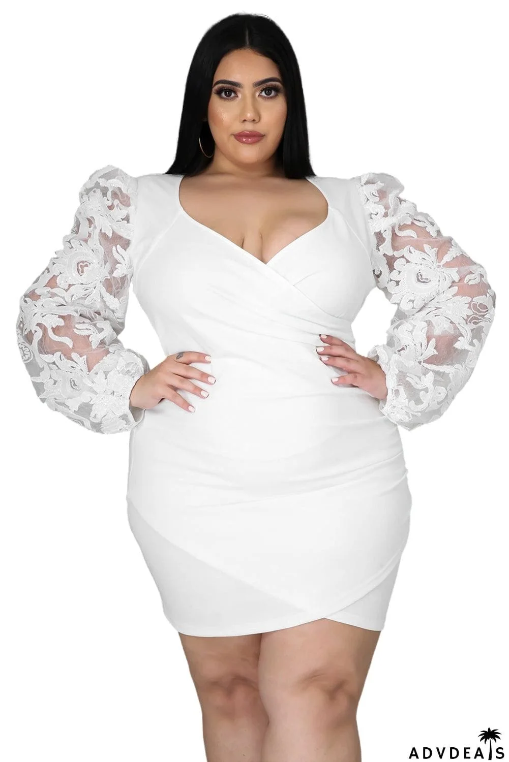 Surplice Neckline Floral Puff Sleeves Plus Size Dress