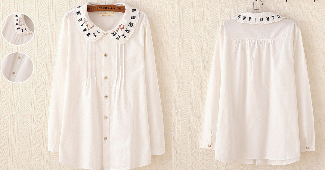 White Mori Girl Shirt With Clock Embroidery SP165108