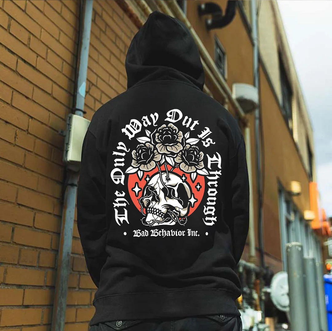 THE ONLY WAY OUT IS THROUGH Skull Roses  Black Print Hoodie