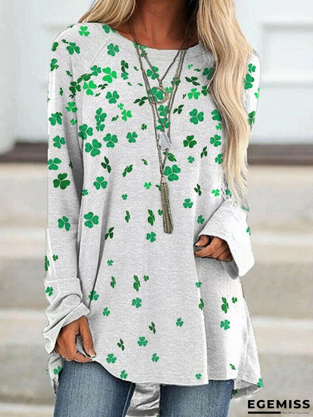 Crew Neck Clover Print Casual Long Sleeve T-shirt | EGEMISS