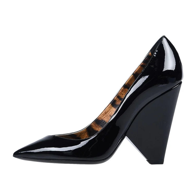 Black Patent Leather Pointy Toe Office Heels Cone Heel Pumps |FSJ Shoes