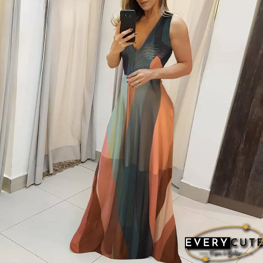 New V-neck Striped Color Matching Thin Shoulder Strap Long Dress Summer Dress Elegant Dress Women