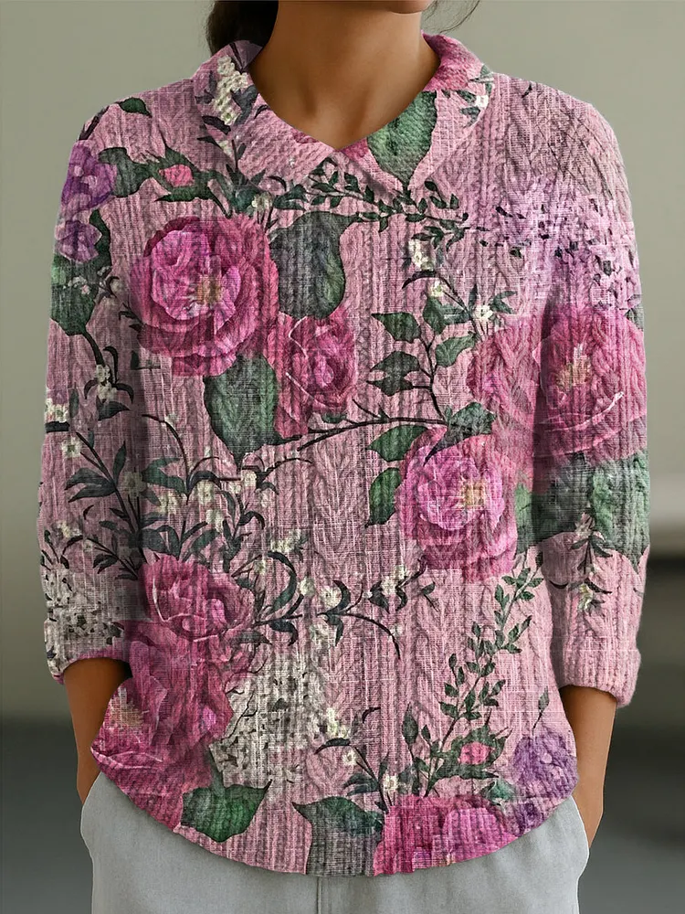 Women's Vintage Ethnic Rose Floral Painting Art Print Casual Peter Pan Collar 3/4 Sleeve Sweater