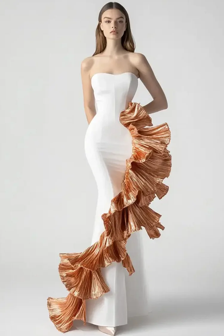 Layered Ruffle Strapless Maxi Dress-White [Custom-Made]