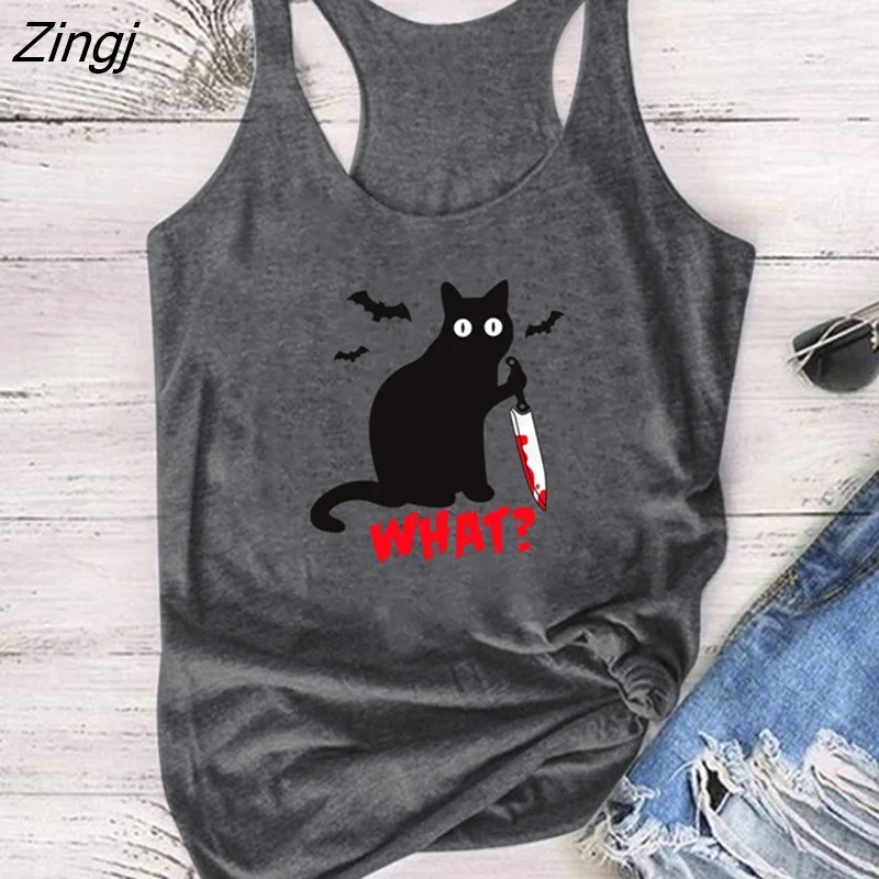 Zingj Gothic Cat Knife Bats What Printed Tank Top Women Sleeveless Summer Graphic Vest Cotton Crew Neck Tank Tops Loose Female