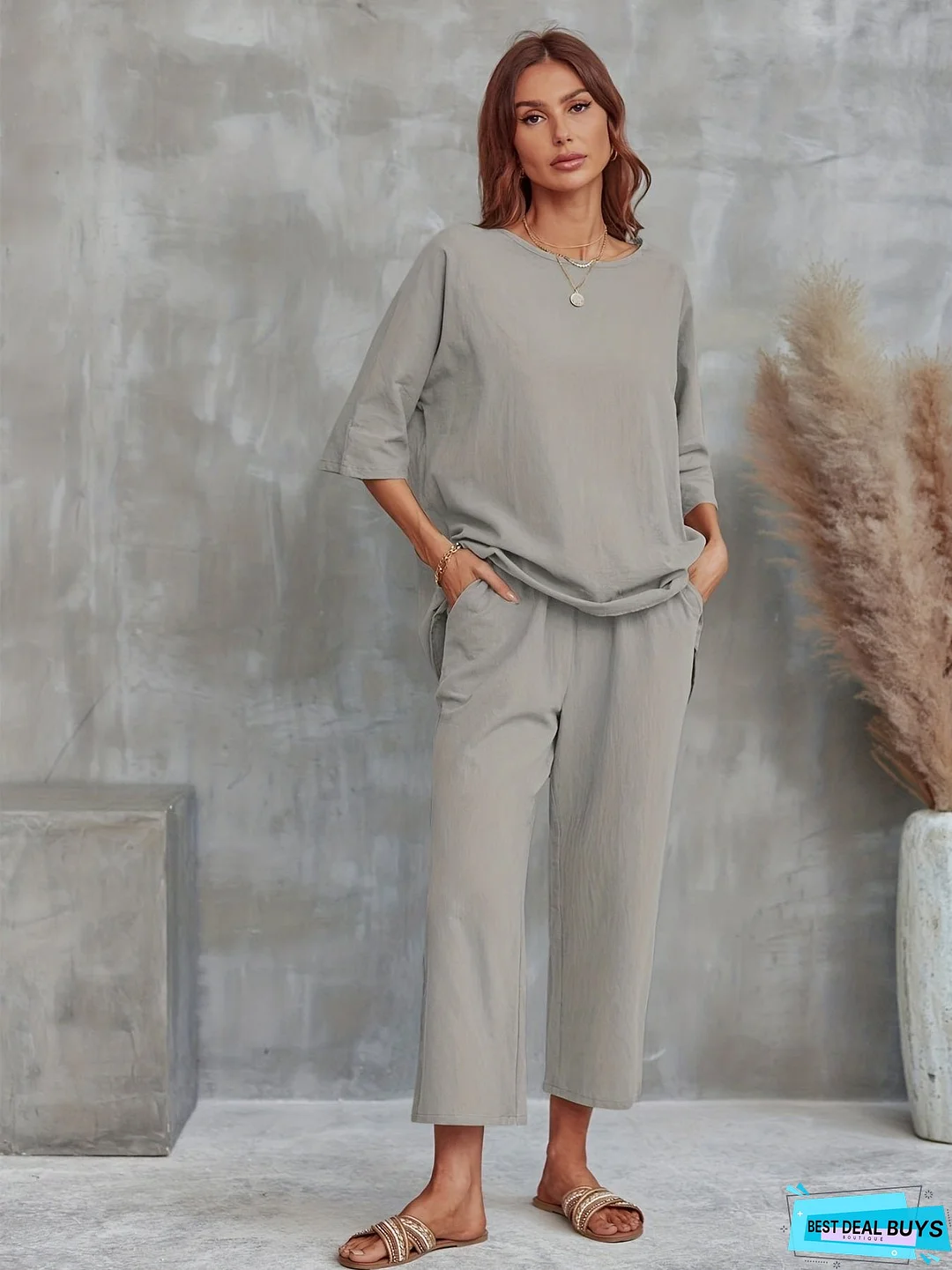 Solid Casual Two-piece Set, Crew Neck Half Sleeve Tee & Wide Leg Pants Outfits, Women's Clothing
