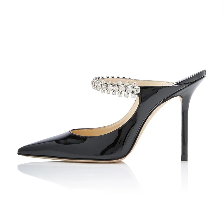 Black Crystal Embellished Stiletto Heel Mules Vdcoo