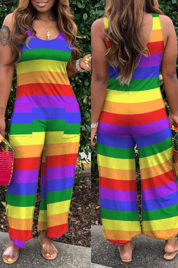 Rainbow Striped Printed Loose Sleeveless Rompers