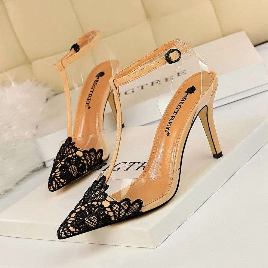 Korean-Style Evening Transparent Barefoot Shoes Fine with High Heels Lace Pointed-Toe T-Strap Sandals High Heels