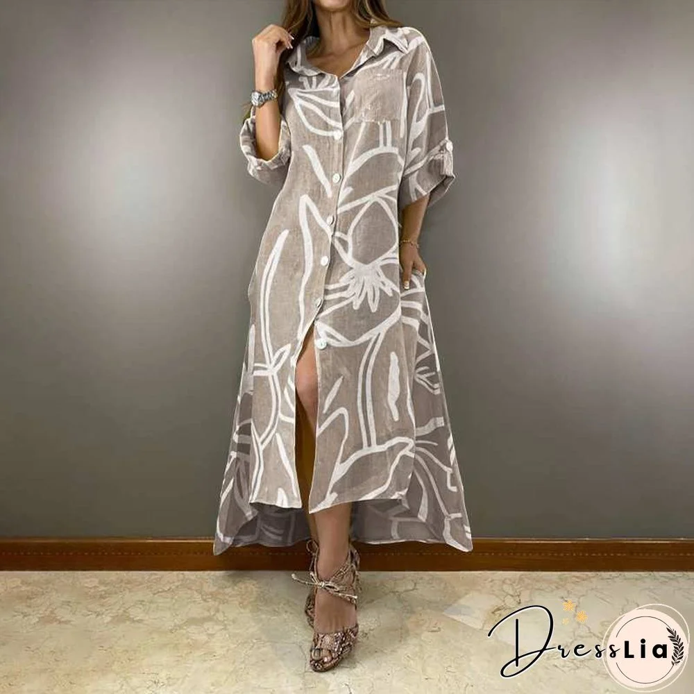 Casual Loose Long Sleeve Lapel Party Shirt Vestidos Holiday Vintage Printed Long Dress