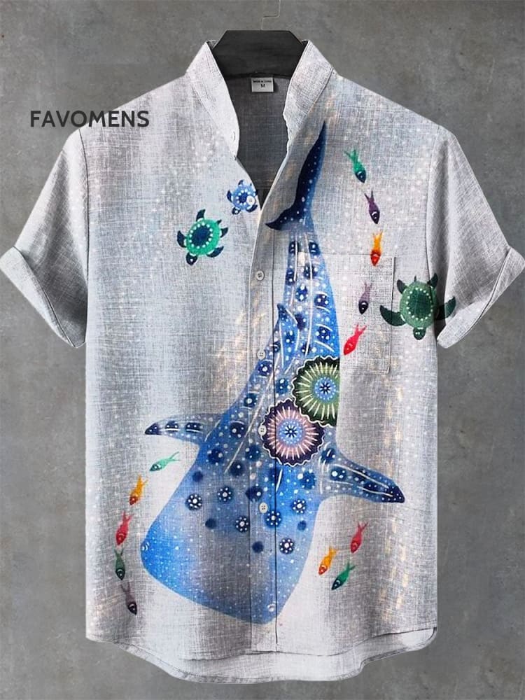 Vintage Whale Shark Art Print Casual 100% Cotton Shirt Multicolor / S
