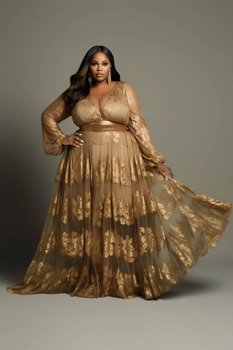 Xpluswear Design Plus Size Formal Gold V Neck Puff Sleeve Long Sleeve See Through Lace Maxi Dresses [Pre-Order]