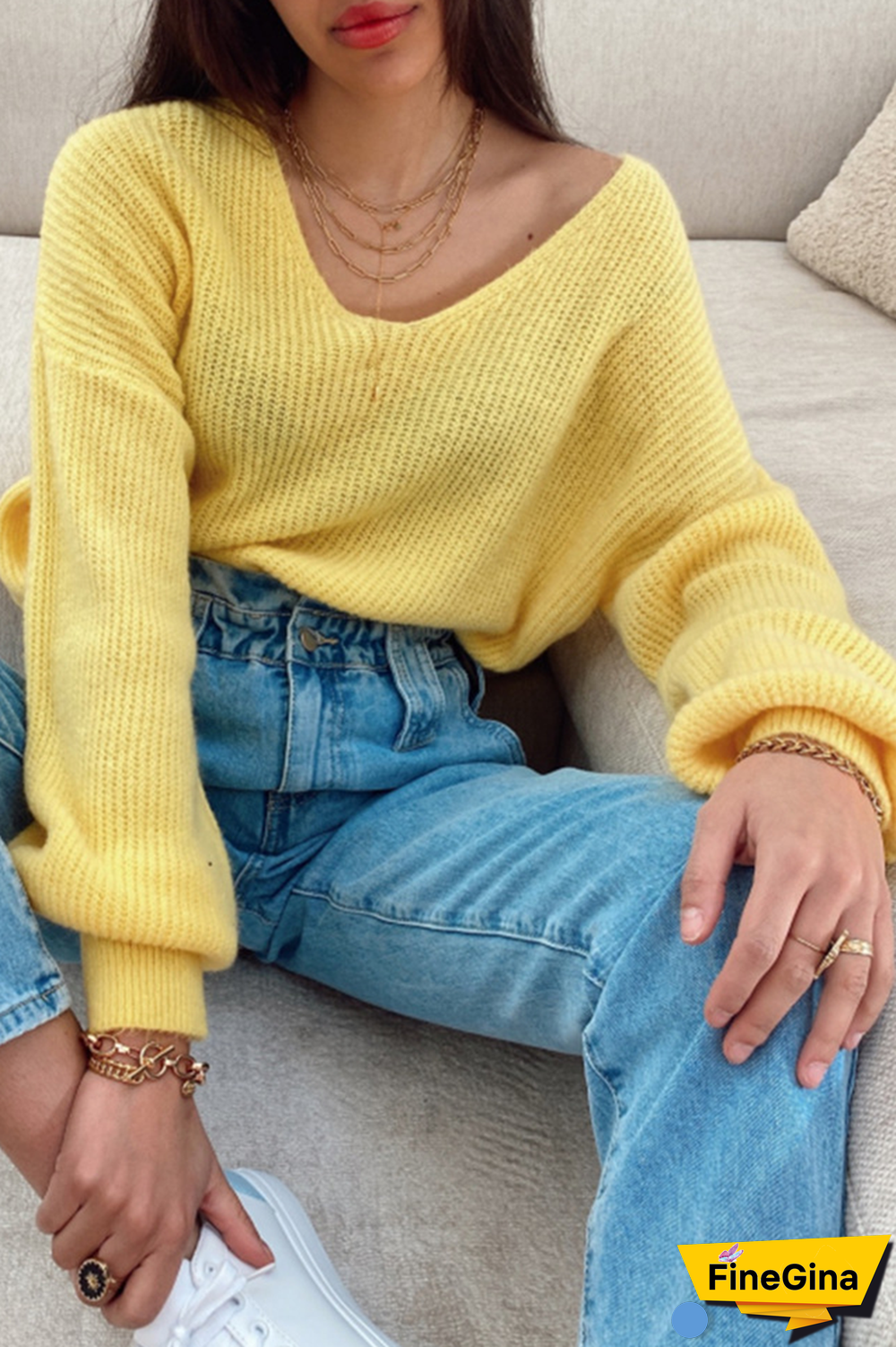 Casual Solid Split Joint V Neck Tops