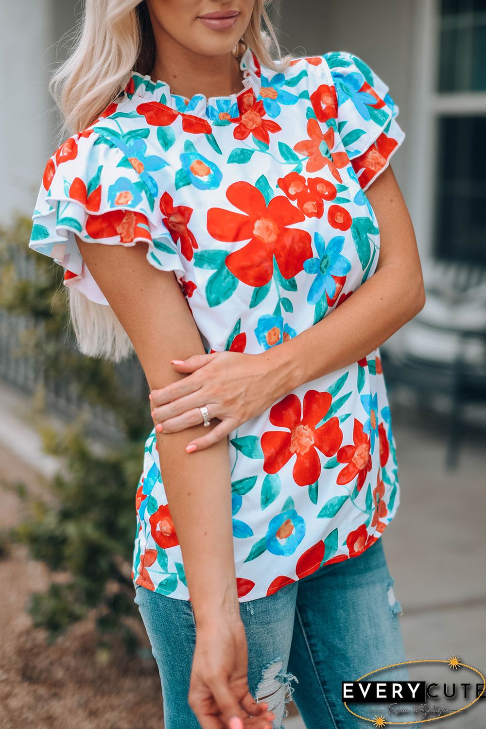 White Floral Print Frilled Neck Ruffled Sleeve Top