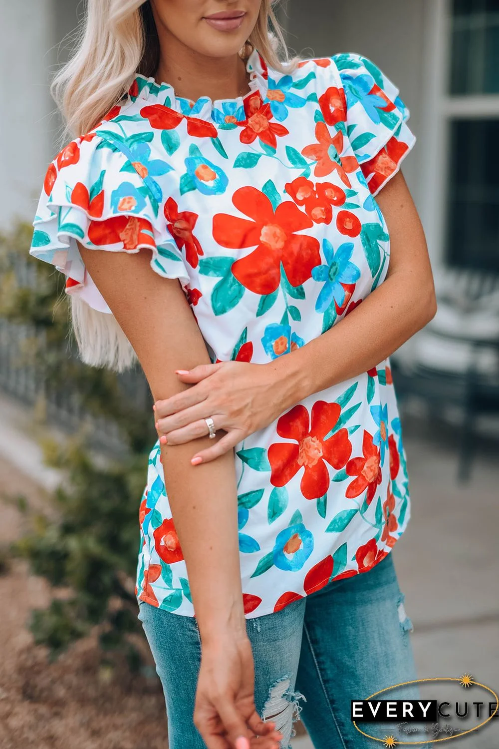 White Floral Print Frilled Neck Ruffled Sleeve Top