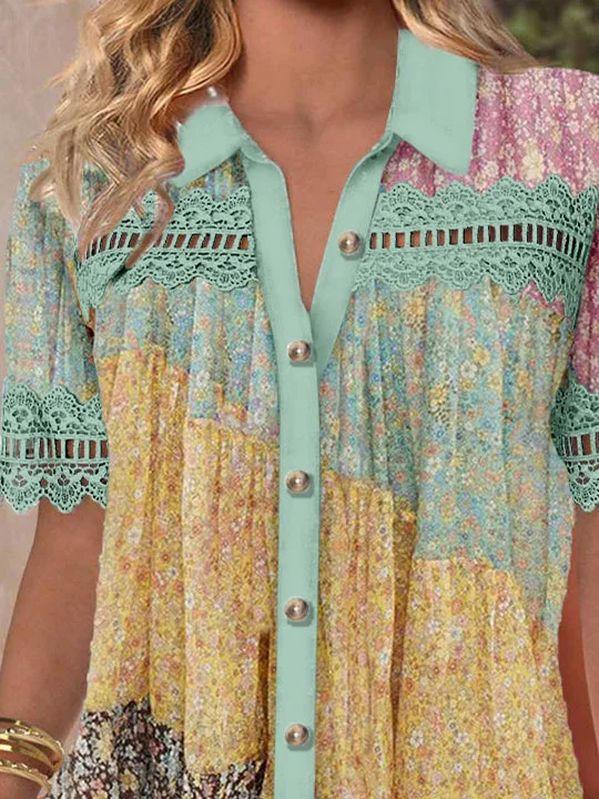 Women Short Sleeve V-neck Floral Printed Graphic Lace Hollow Stitching Button Tops