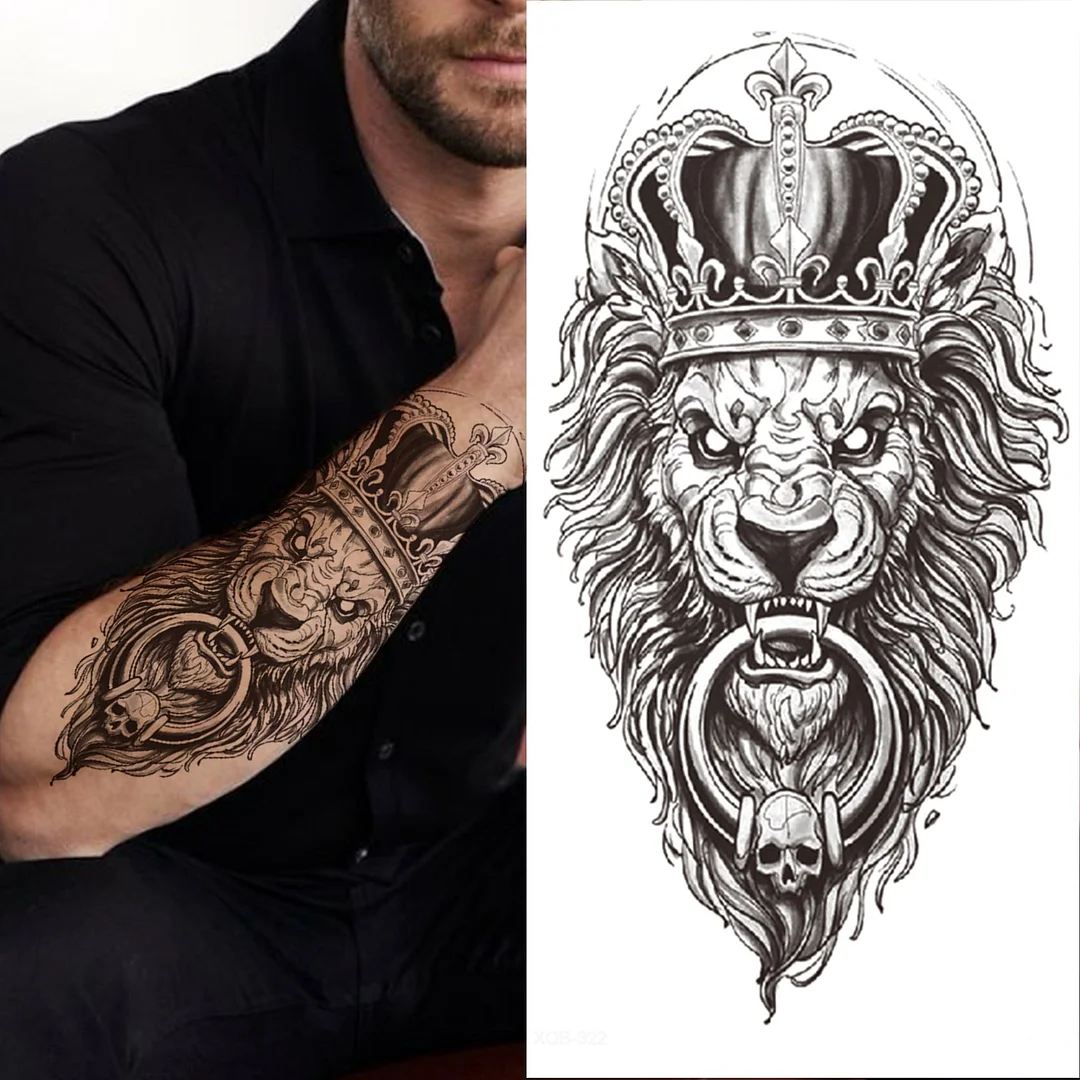 Crown Lion Cross Temporary Tattoos For Men Women Tiger Demon Rose Forest Fake Tattoos Forearm Thigh Half Sleeve Tatoos Stickers