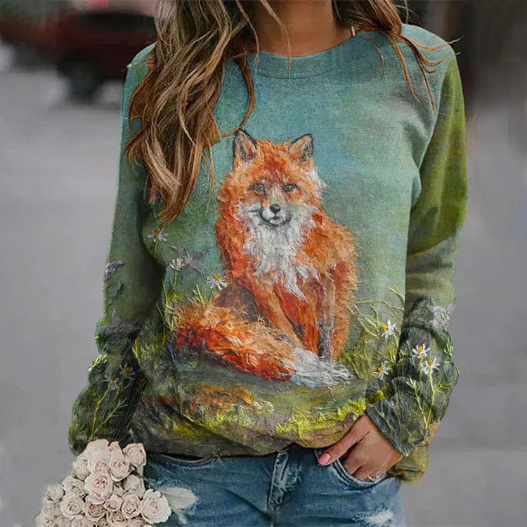 Fox Print Crew Neck Casual Sweatshirt
