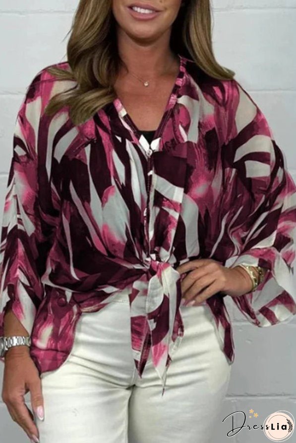 Unique Printed Long Sleeve V-neck Chiffon Loose Shirt