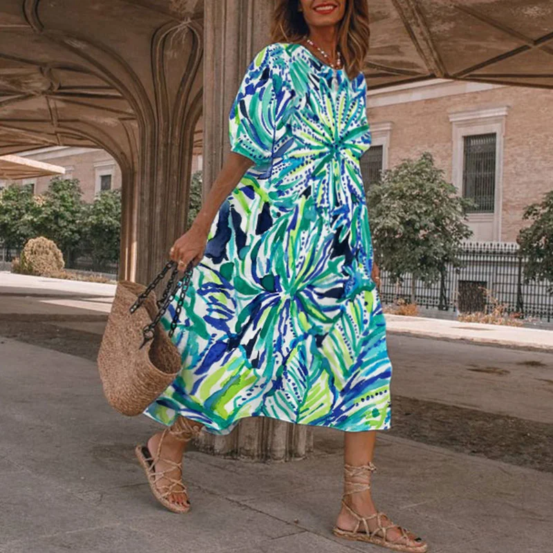 Leaf Print Short Sleeve Midi Dress