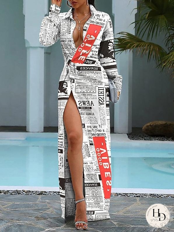 Dresses Newspaper Print Lapel Long Sleeve Shirt Dress for Women