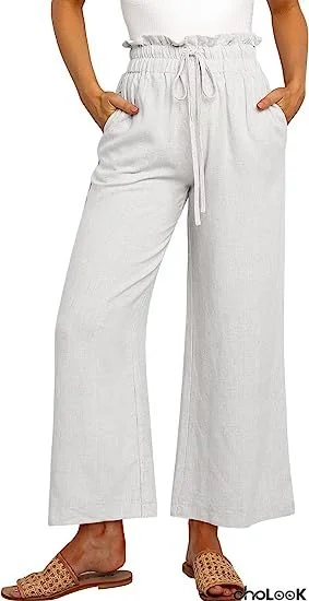 Women's High Waist Drawstring Wide Leg Linen Pants