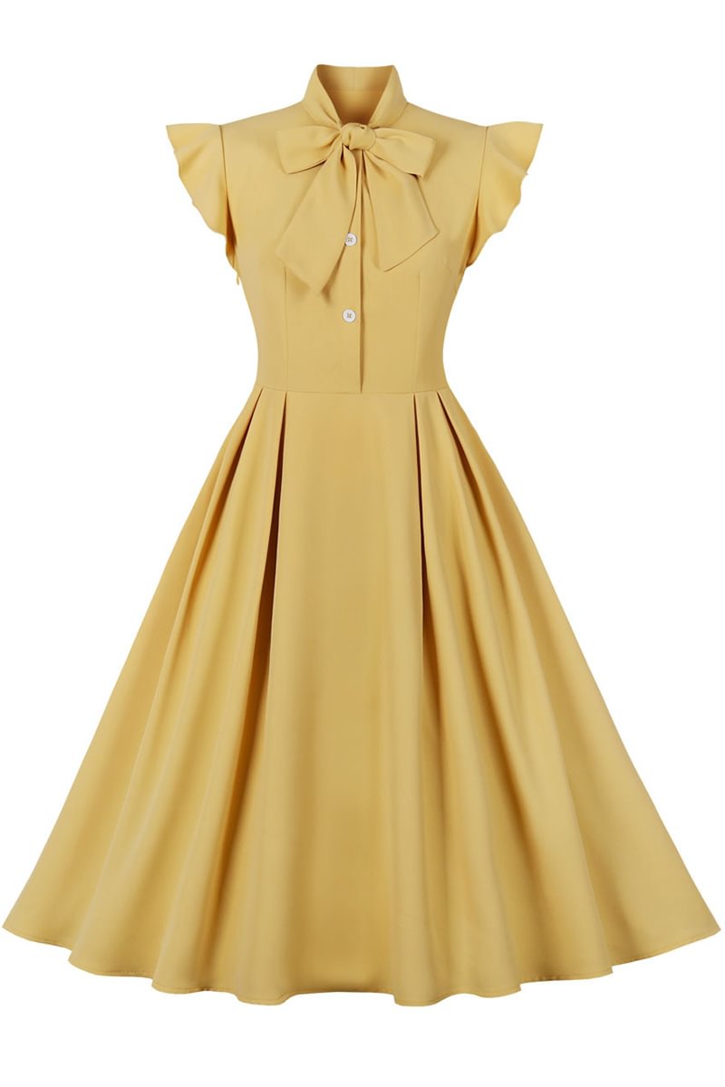 1950s Yellow Casual Ruffle Sleeve Bow Pleated Swing Midi Dress