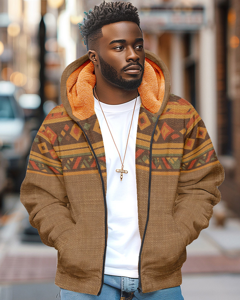 Men's Plus Size Western Style Geometric Fleece Zipper Cardigan Hoodie