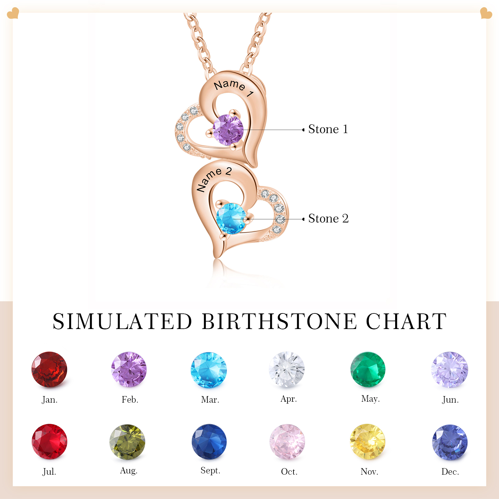 2 Names - Personalised Heart Pendant Necklace Custom Birthstones & Names Necklace Birthday Gift for Her-Jessemade AU