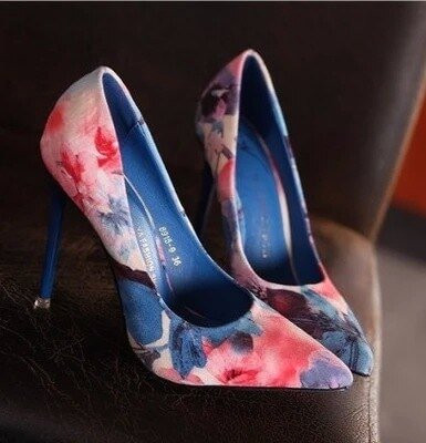 Women High Heels Shoes Satin New Thin High Heels Printing Flowers Classic Pointed Toe Women Pumps Women Shoes