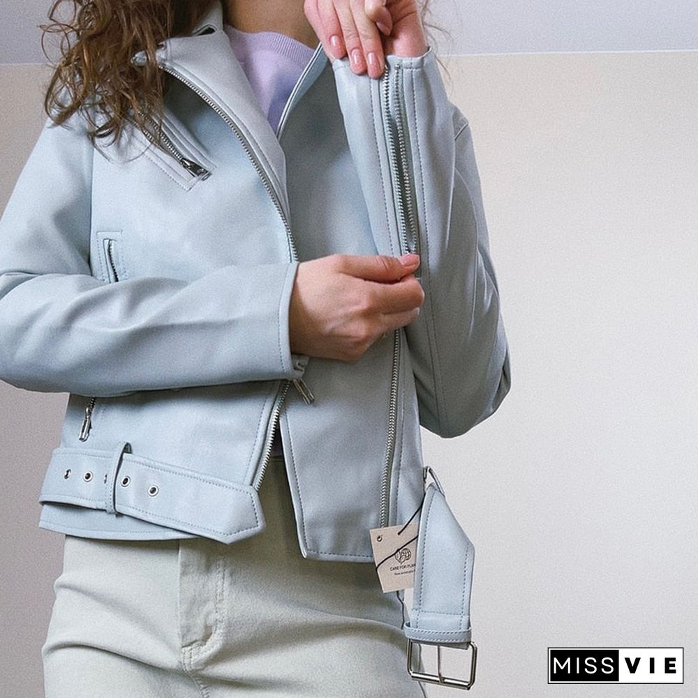 Spring Autumn Women Fashion Blue Black Faux Leather Jacket Solid Zipper With Belt Biker Coat Female Casual Outwear Ladies