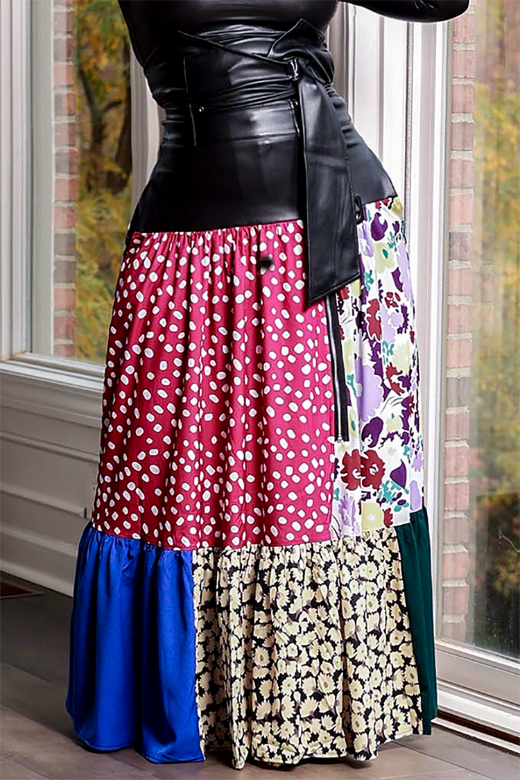 Xpluswear Plus Size Casual Pattern Print PU Leather Patchwork High Waist Skirt (With Belt) [Pre-Order]