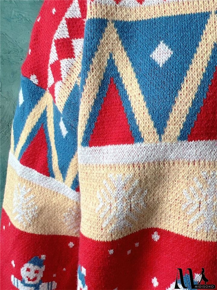 MidiSono - Winter Christmas Style Lovely Cartoon Snowman Print Pullover Wool Sweater for Women