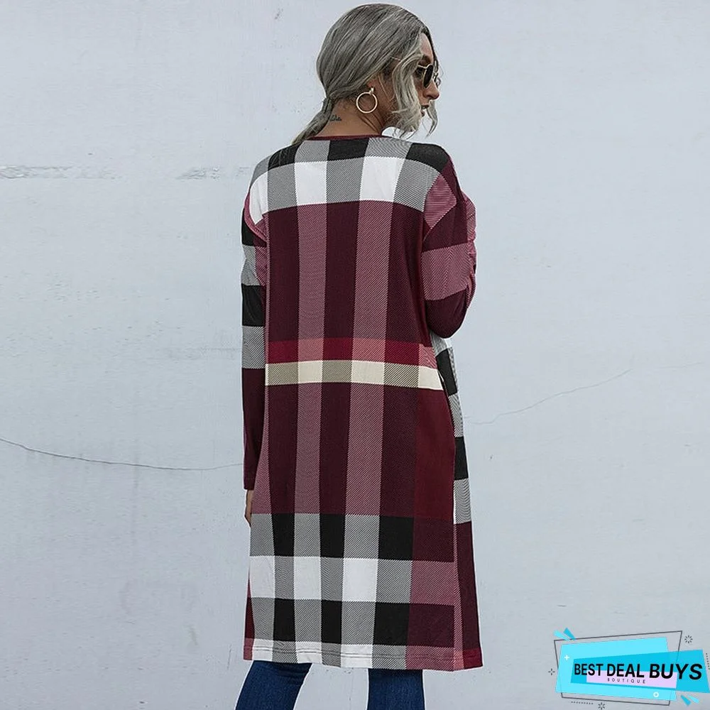 Autumn Women's Plaid Fashion Buttonless Straight Cardigan Coat Women
