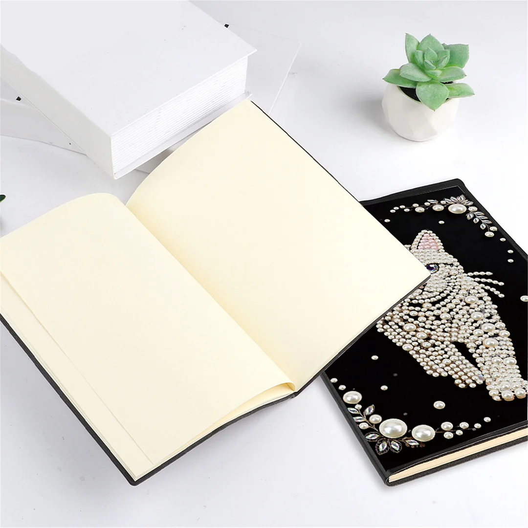 Cat Partial Pearl DIY 50 Pages A5 Diamond Painting Notebook Special Shaped Diamond Art Diary Book Kits Wireless Strip 5D Crystal Art Paintings Sketchbook for Art Drawing