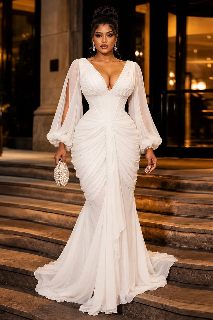 Deep V Neck Split Lantern Sleeve Ruched Maxi Dresses-White [Pre Order]