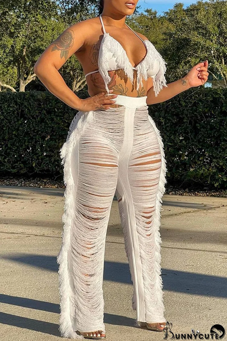 White Sexy Solid Tassel Ripped Bandage Backless Halter Sleeveless Two Pieces