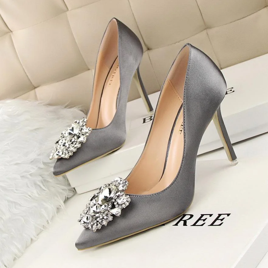 Sexy stiletto high heel shallow pointed toe rhinestone buckle single shoes