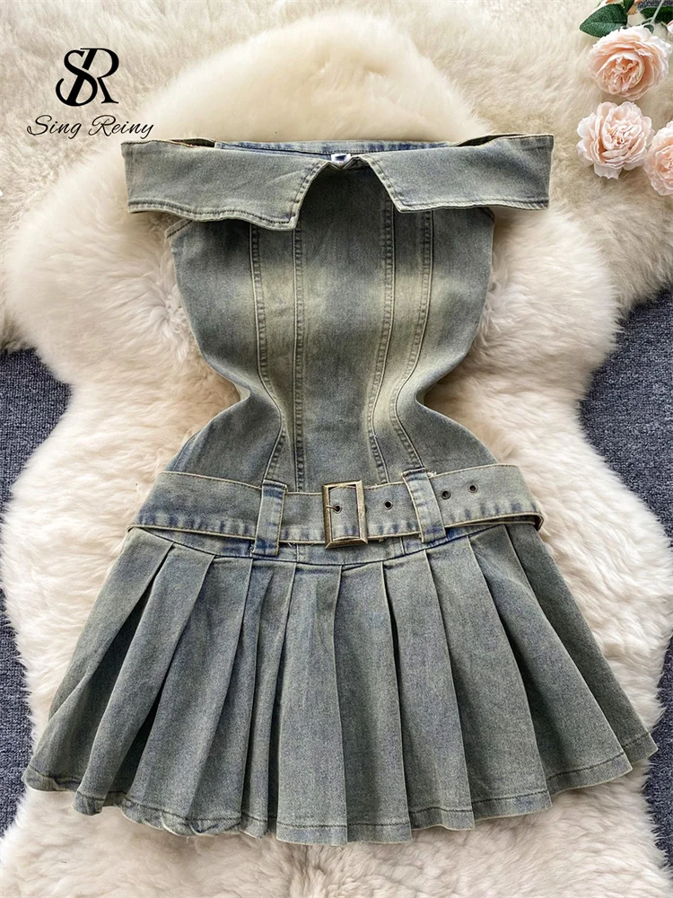 Huibahe Off the Shoulder Sexy Denim Dress 2024 Strapless Sashes Patchwork Bodycon Dress Ladies Ins Streetwear Short Sundress