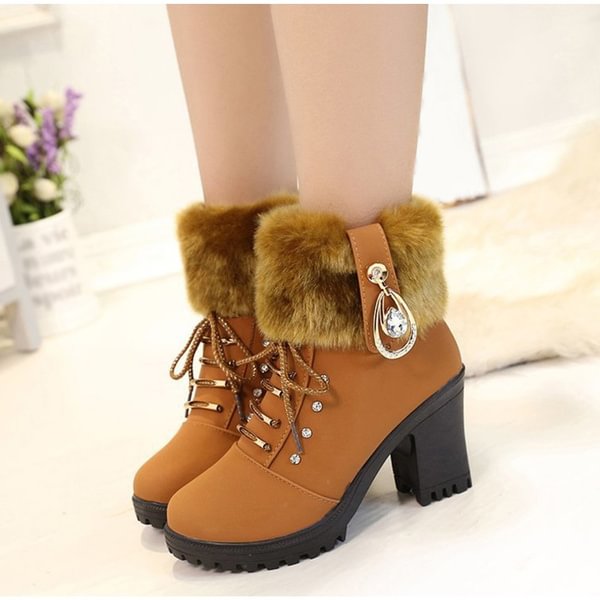 Ankle Boots Women Warm Plush Snow Booties Winter Boot Lace Up Design Woman Fashion Shoes High Square Heels Botas - Shop Trendy Women's Clothing | LoverChic