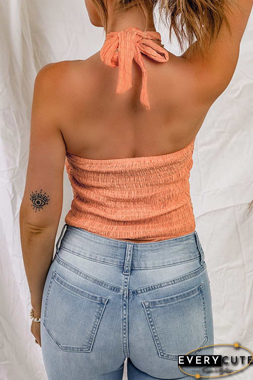 Orange Shirred Open Back Halter Tank Top