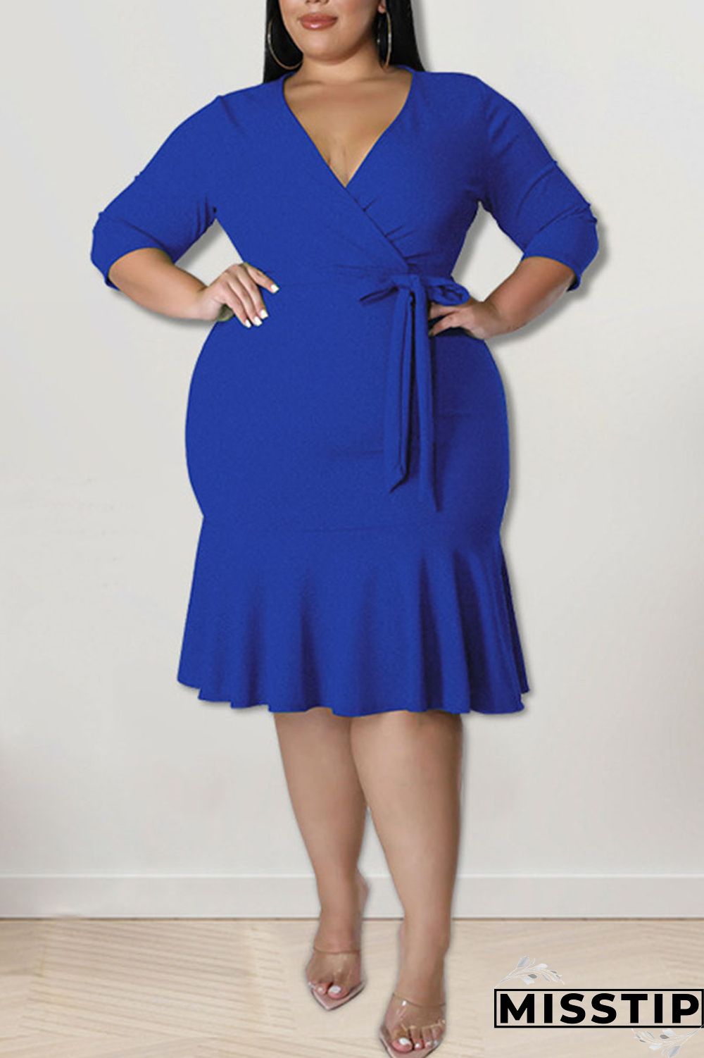 Black Casual Solid Bandage Patchwork Flounce V Neck Straight Plus Size Dresses