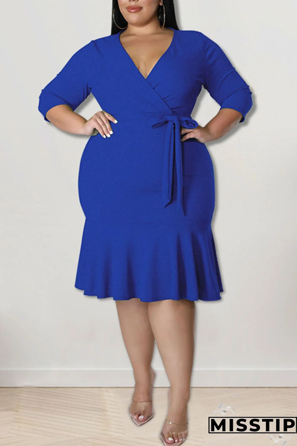 Black Casual Solid Bandage Patchwork Flounce V Neck Straight Plus Size Dresses