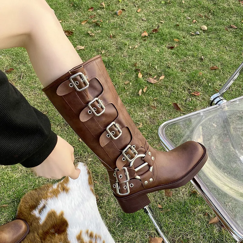 Churchf Churchf Boots Women's Fall / Winter 2024 New Thick Heel Brown But Knee Fashion Western Cowboy Boots Round Head High Boots