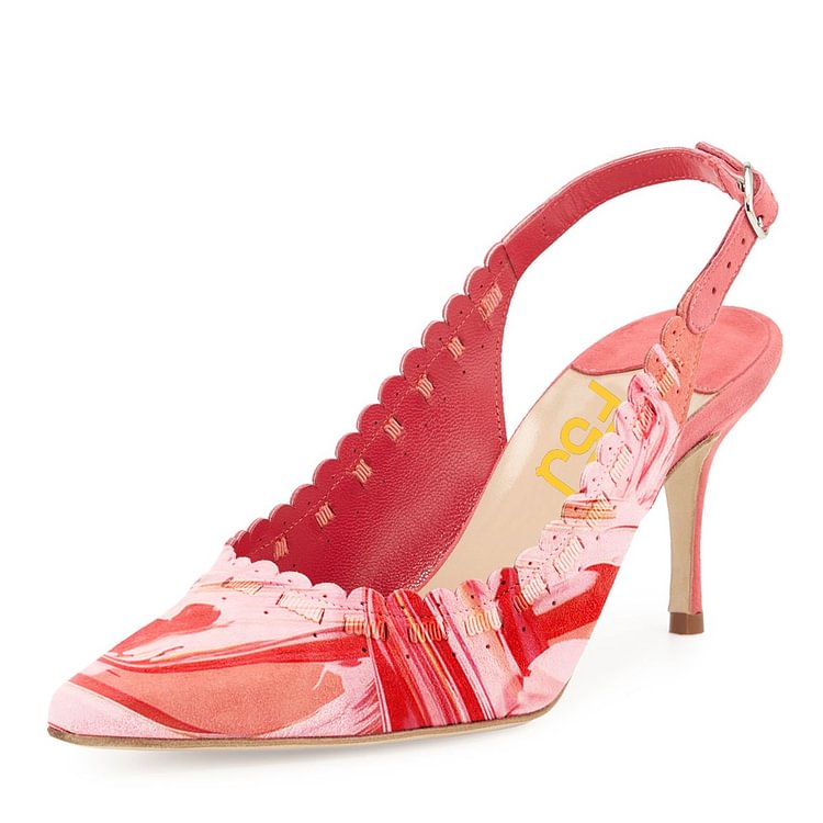 Red Slingback Pumps Floral Heels Pointy Toe High Heels |FSJ Shoes