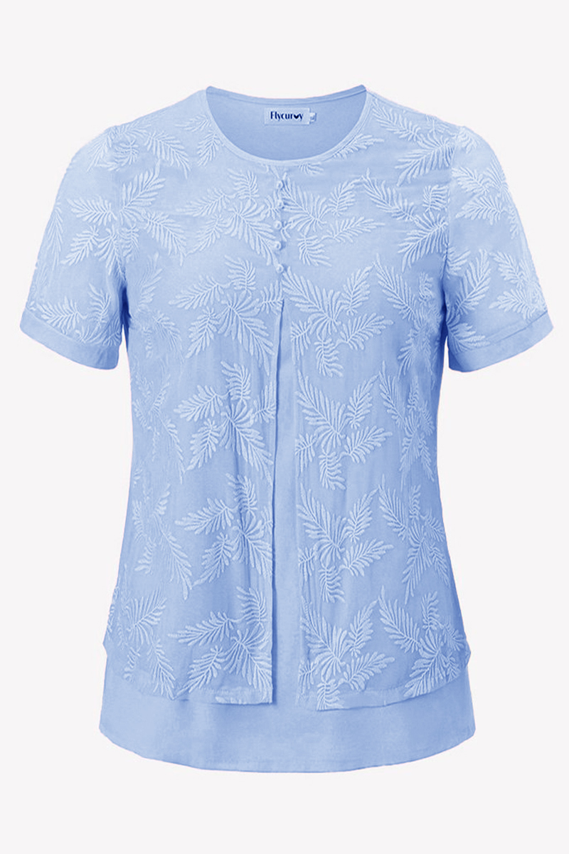 Plus Size Mesh Embroidered Button Detail Faux Two Pieces Blouses 2024 - Flycurvy 