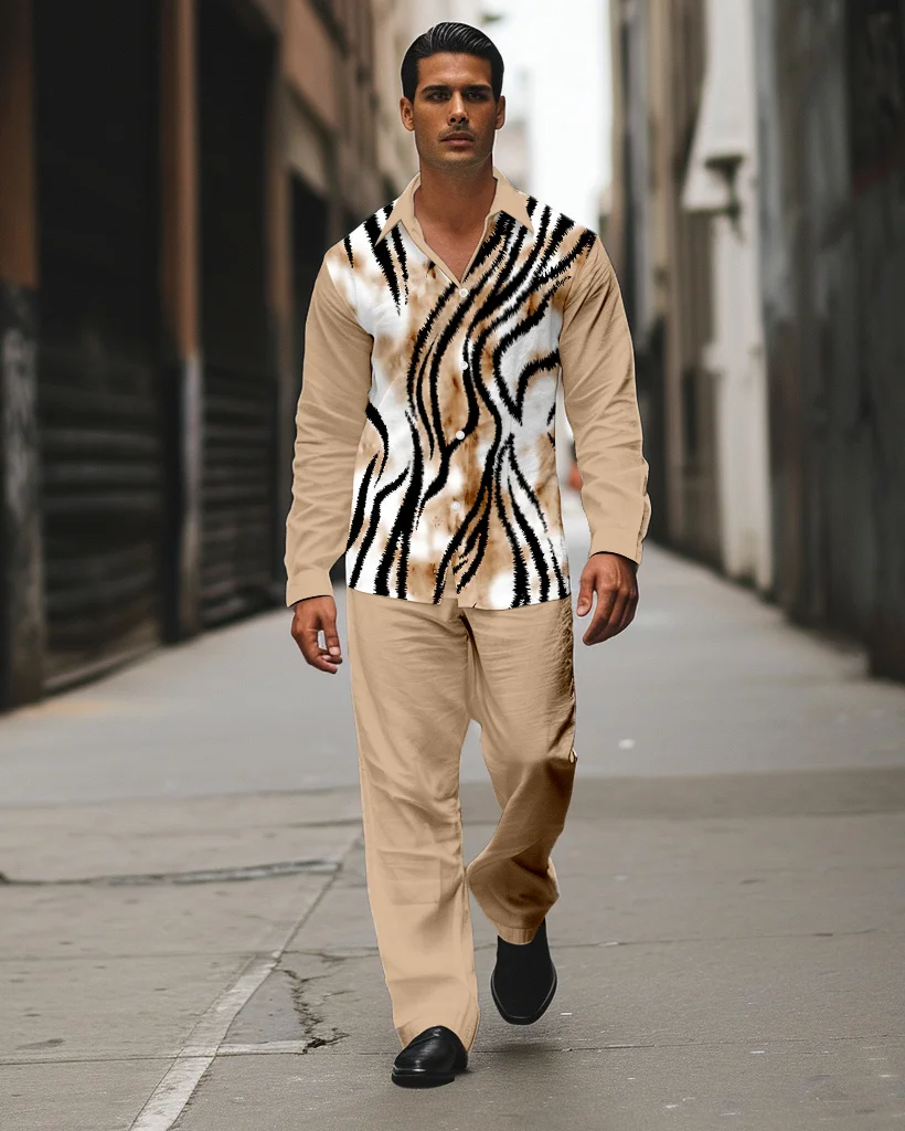 Men's Striped Printed Long Sleeve Shirt Walking Suit 601