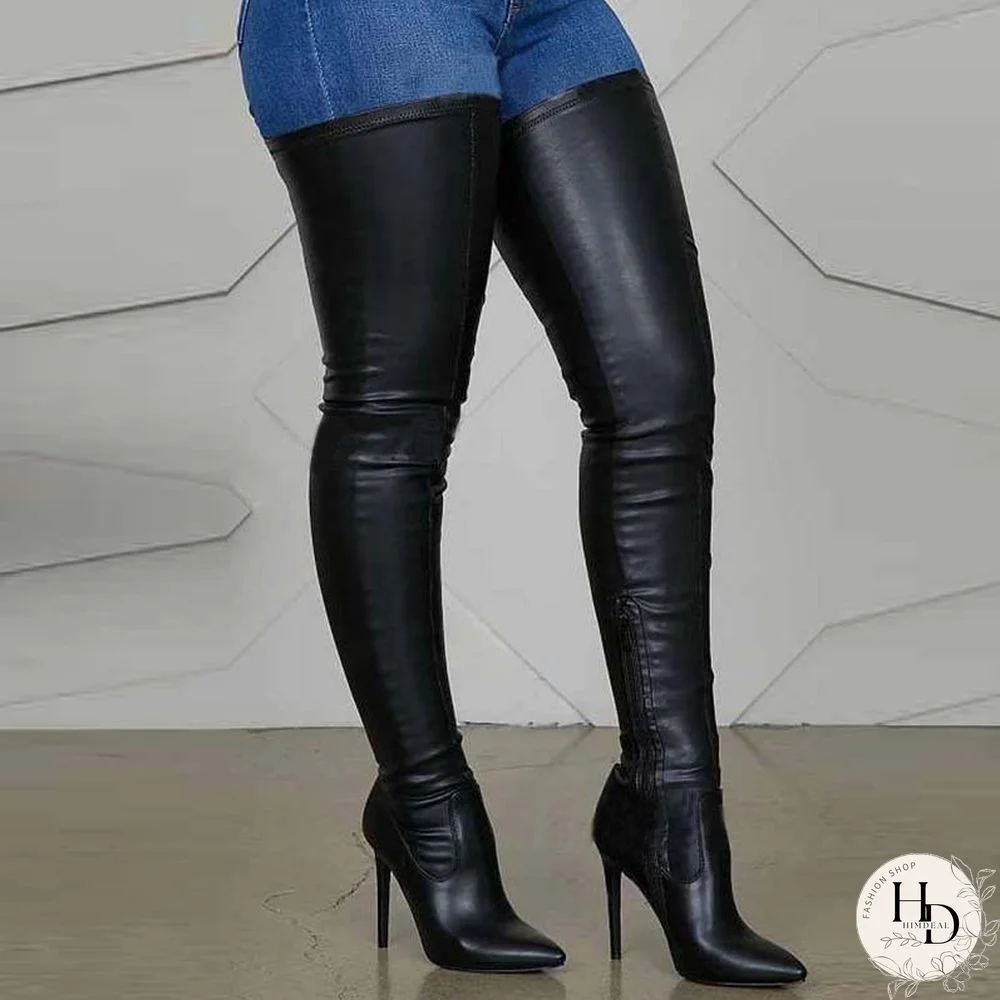 Black Fashion Solid Color Pointed Stiletto High Boots